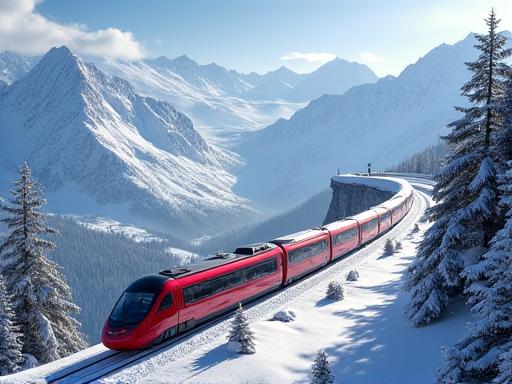 Zug fährt durch eine schneebedeckte Alpenlandschaft