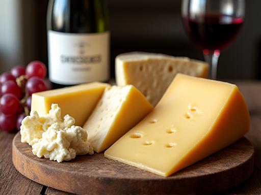 Auswahl an Schweizer Käse und Wein auf einem Holztisch