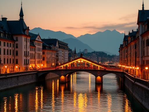 Die Kapellbrücke in Luzern bei Sonnenuntergang