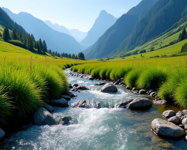 Klarer Bergbach fliesst durch eine grüne Wiese in den Alpen