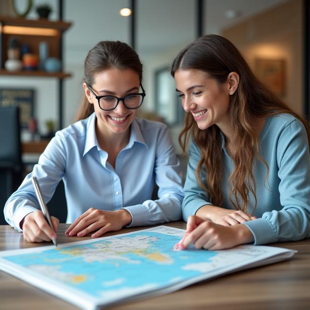 Freundlicher Reiseberater bespricht eine Route auf einer Karte mit einem Kunden